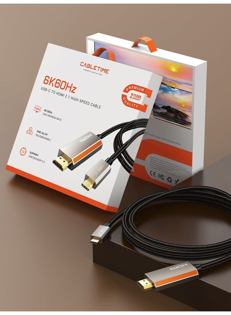CABLETIME ZINC ALLOY USB C MALE TO HDMI MALE 8K CABLE CORD 4K 120HZ COMPATIBLE WITH MACBOOK PRO - Image 2